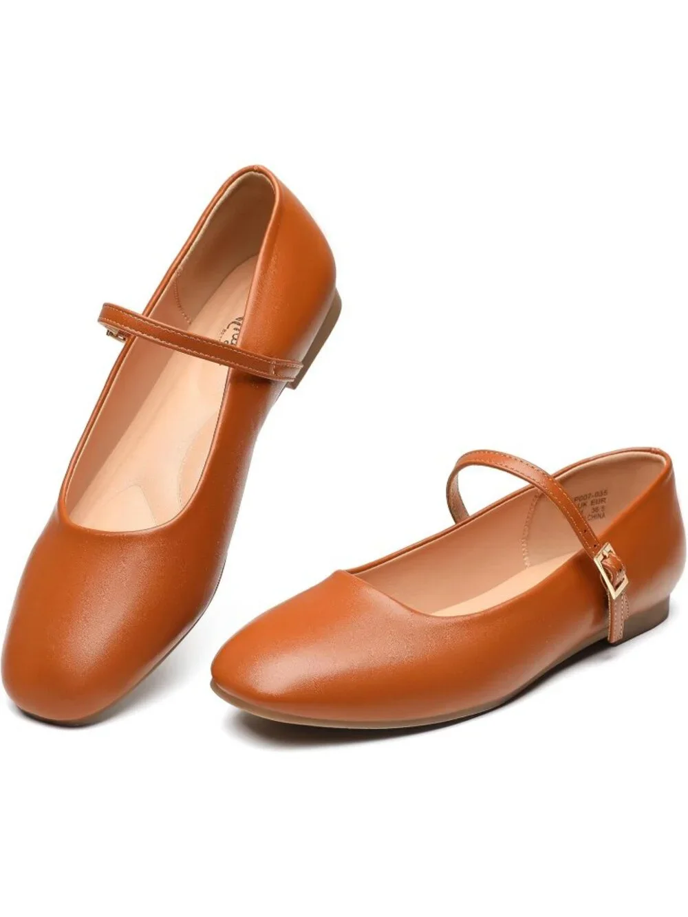 Women's Brown Square Toe With Adjustable Buckle Strap Ballet Flat Slip On Shoes